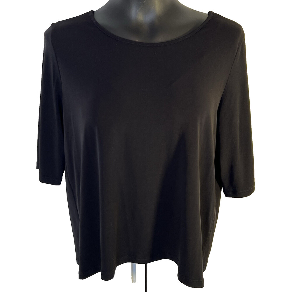Clara Sun Woo Womens M Blouse Black Round Neck Stretch Ruffled Fin Sleeve
